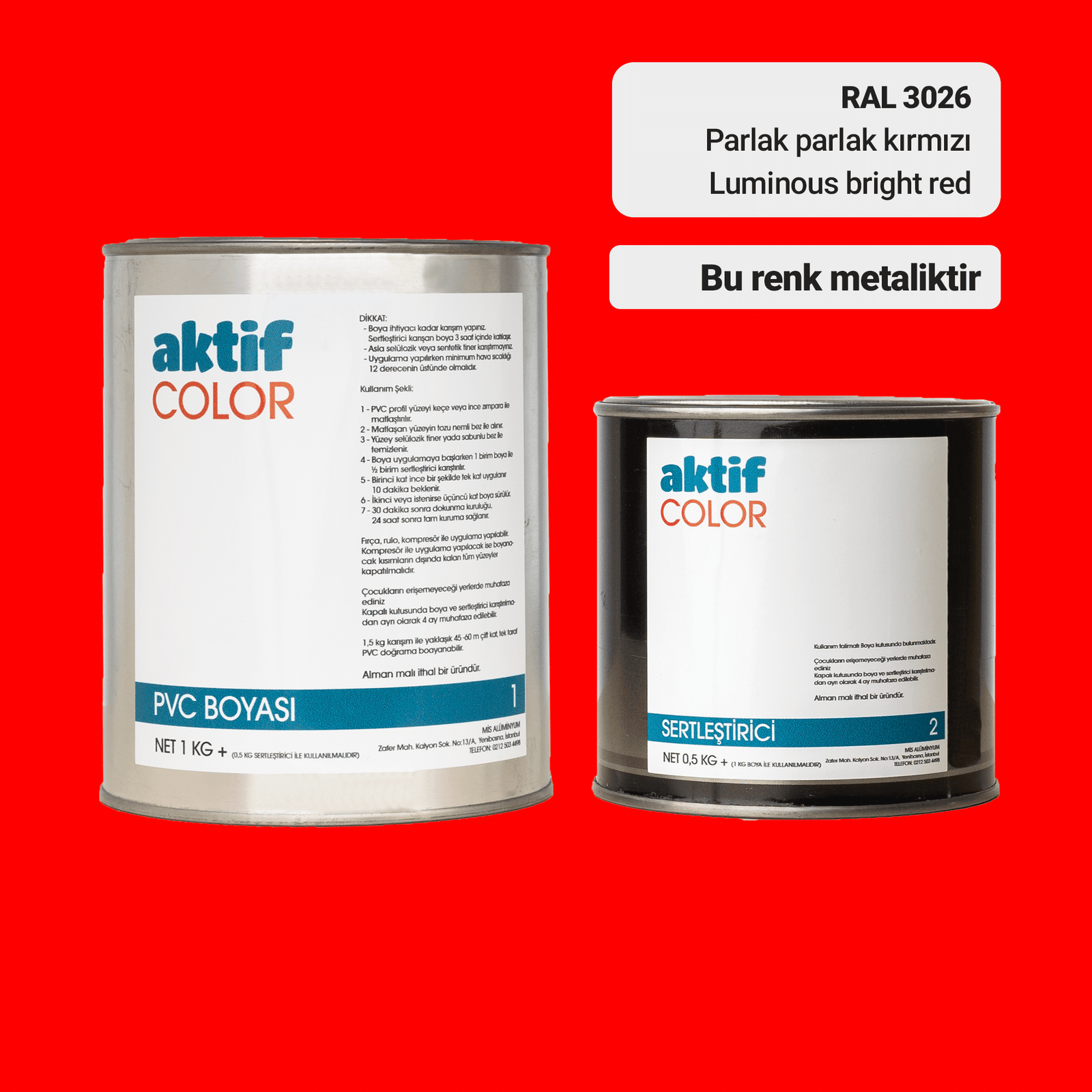 Aktif Color | PVC Pimapen Boyası | RAL 3026 | Parlak Parlak Kırmızı | 1.5 Kg