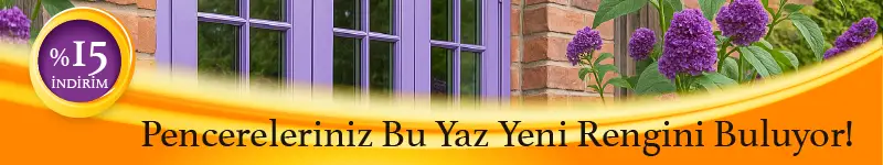 PVC boyasıyla boyanmış mor pencere, çiçekli dış cephe ve %15 yaz indirimi içeren kampanya banner görseli.