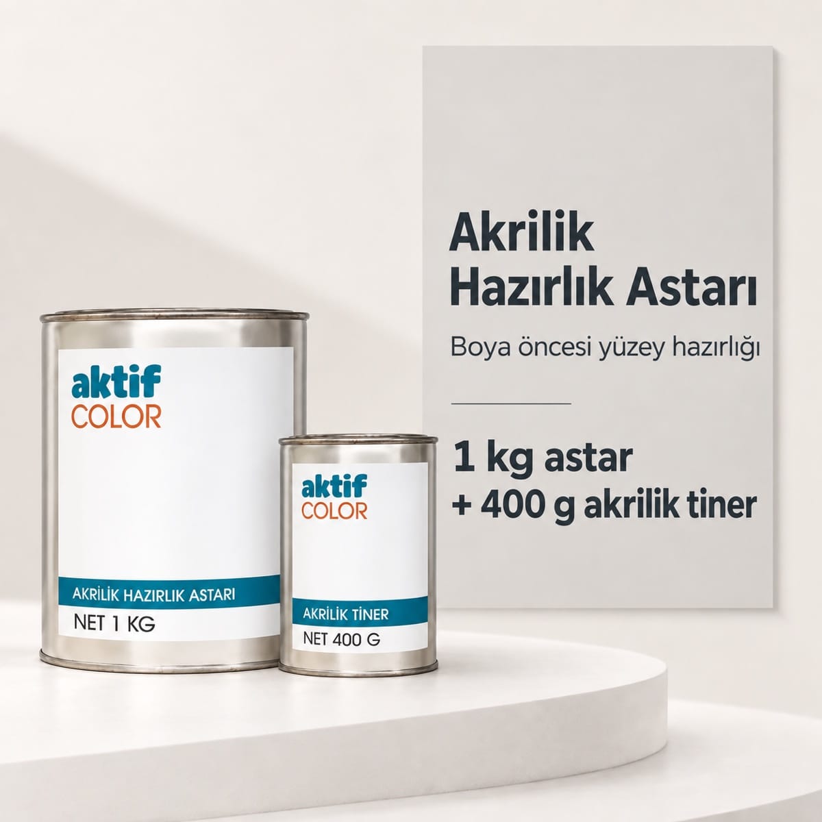 Aktif Color Akrilik Hazırlık Astarı seti: 1 kg beyaz astar ve 400 g akrilik tiner
