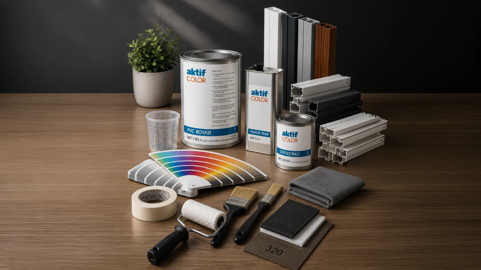 Aktif Color PVC boyası, sertleştirici, yüzey temizleme tineri, RAL renk kartelası ve PVC boyama uygulama ekipmanları.