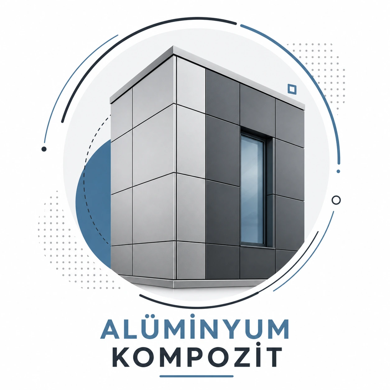 Alüminyum kompozit cephe boyası uygulanabilen metalik dış cephe panellerini gösteren modern grafik görsel