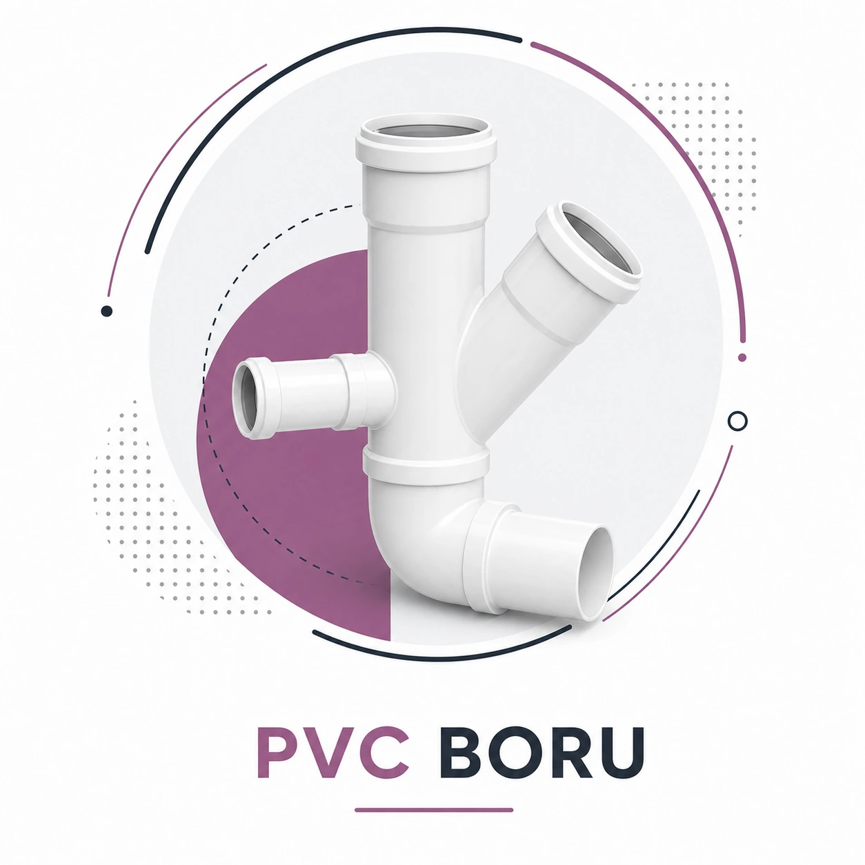 PVC boru boyası uygulanabilen beyaz PVC boru ve bağlantı parçalarını gösteren modern grafik görsel