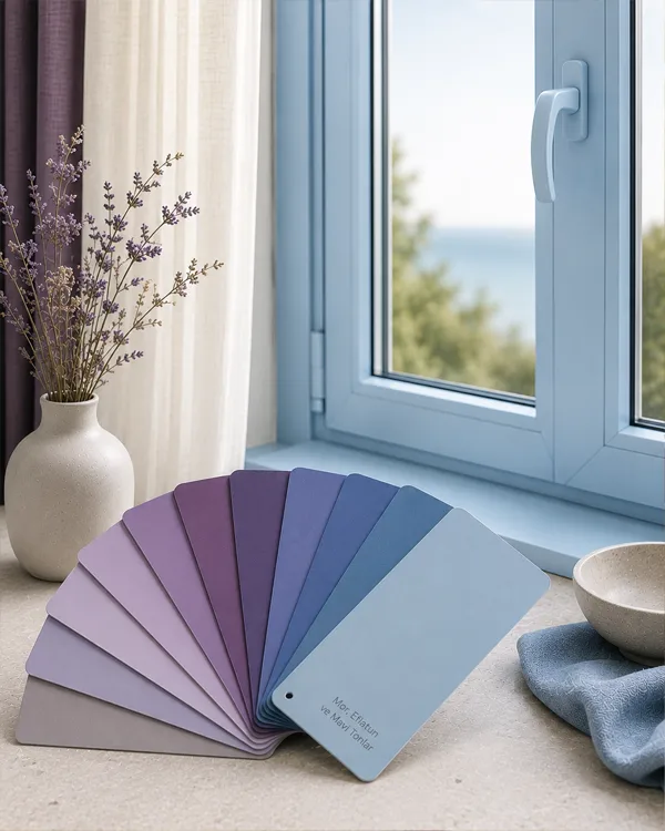 PVC boyası mor eflatun ve mavi tonlar için açık mavi pencere ve RAL renk kartelası