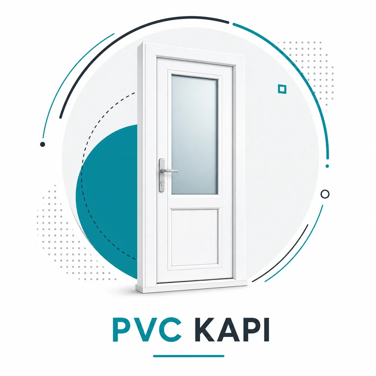 PVC kapı boyası uygulanabilen beyaz PVC doğrama kapısını gösteren modern grafik görsel