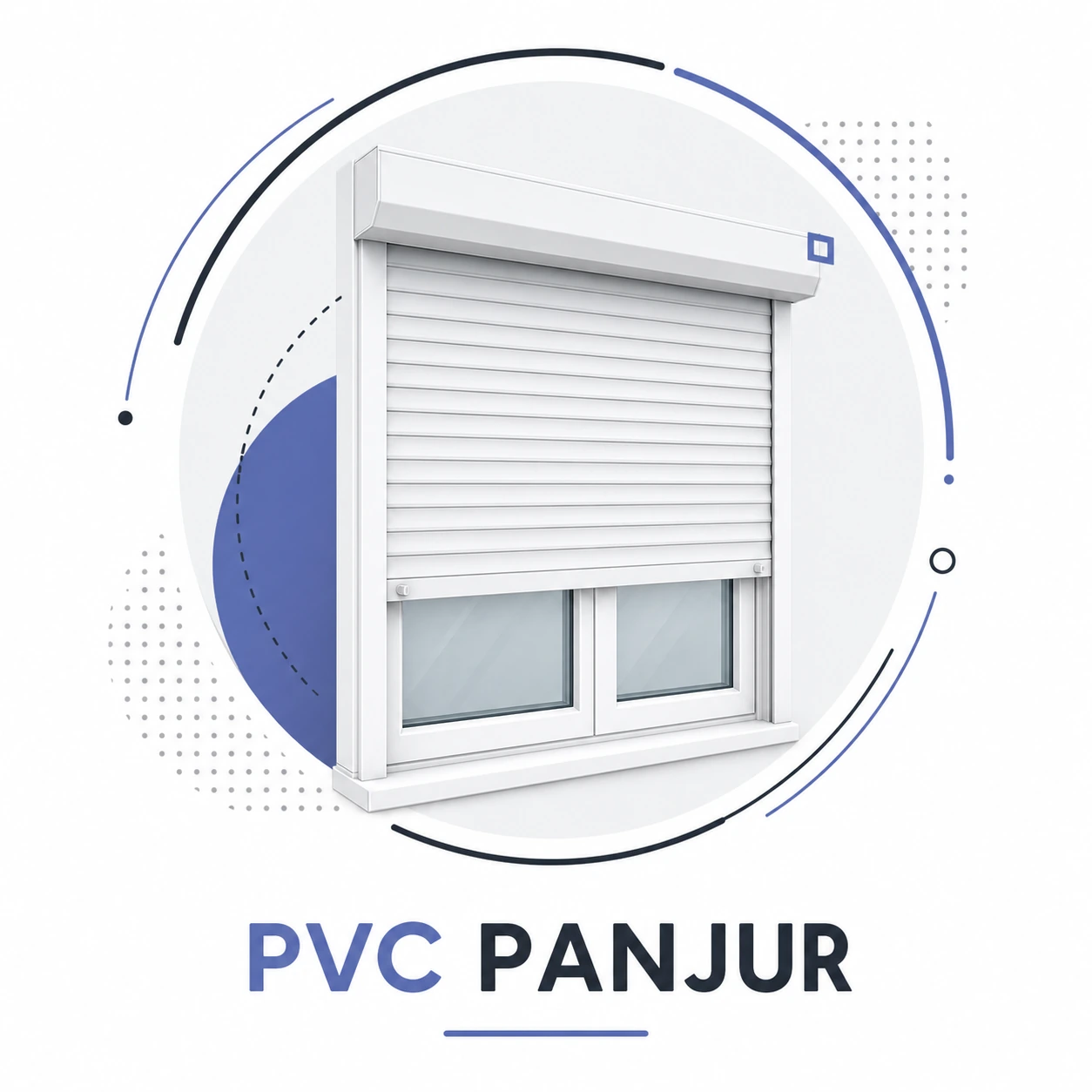 PVC panjur boyası uygulanabilen beyaz PVC panjur sistemini gösteren modern grafik görsel
