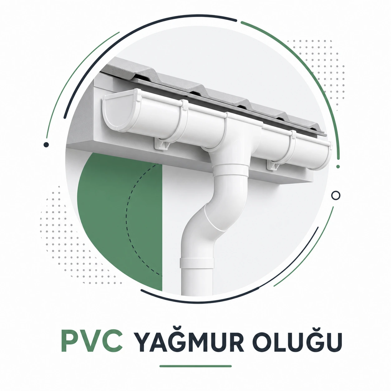 PVC yağmur oluğu boyası uygulanabilen beyaz PVC oluk ve iniş borusu sistemini gösteren modern grafik görsel