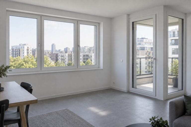 Yeni hazırlanmış beyaz PVC pencere ve balkon kapısı