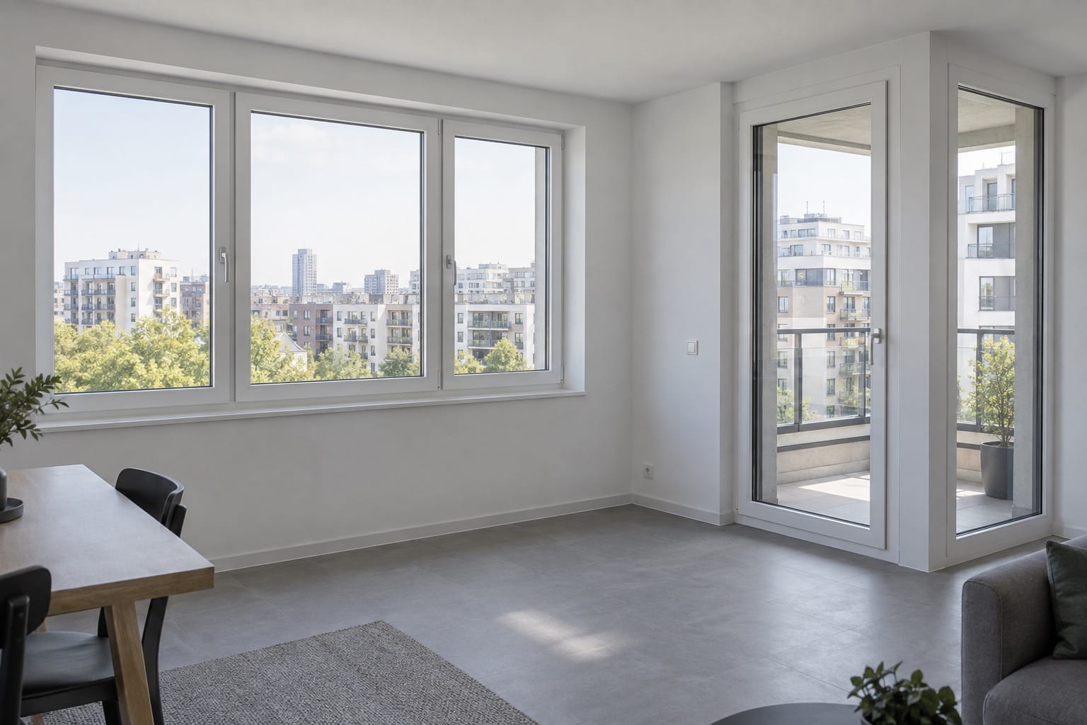 Yeni hazırlanmış beyaz PVC pencere ve balkon kapısı