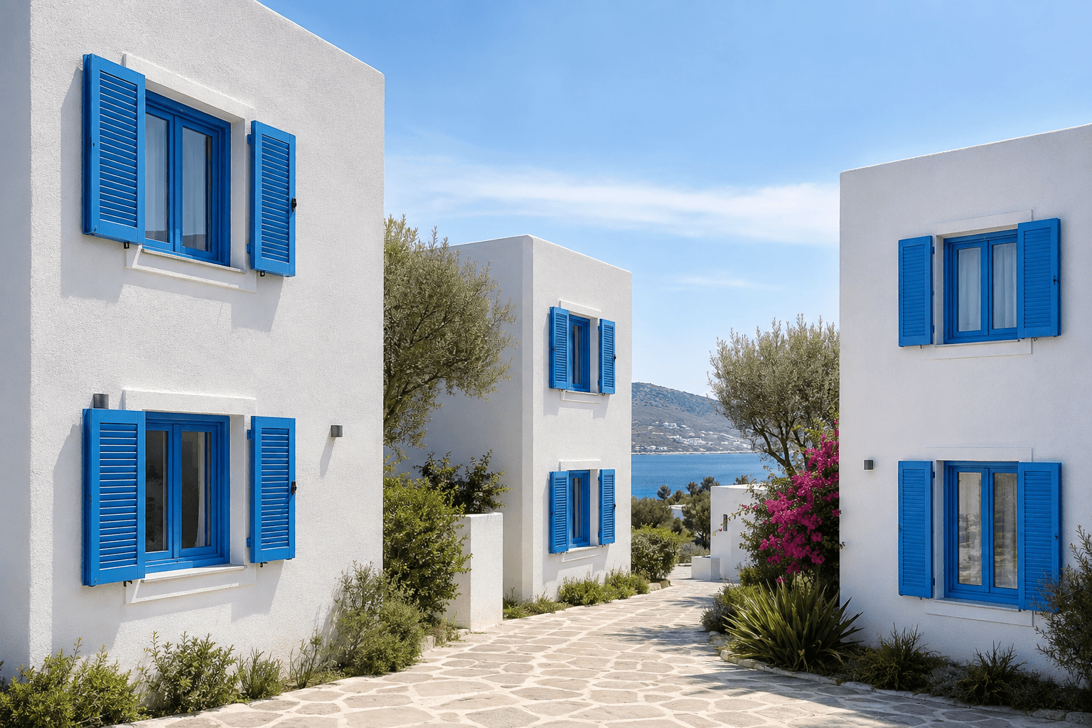 Bodrum evlerinde maviye boyanmış PVC pencere ve panjurlar