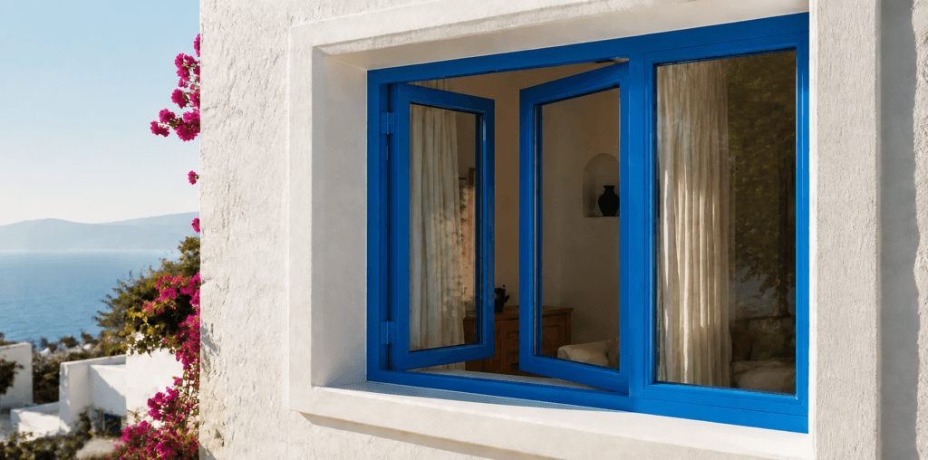 Bodrum mavisine boyanmış PVC pencere ve evin iç mekânı