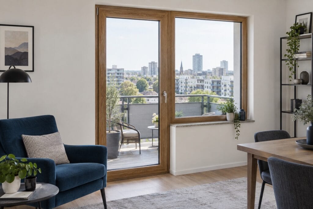 Ahşap desenli lamine PVC balkon kapısı ve pencere