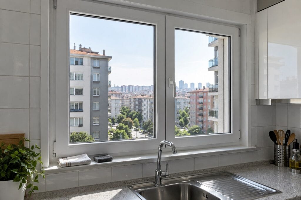 Mutfakta yerinde duran PVC pencere ve yüzey hazırlığı malzemeleri