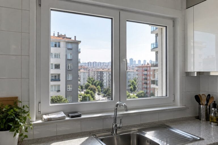Mutfakta yerinde duran PVC pencere ve yüzey hazırlığı malzemeleri