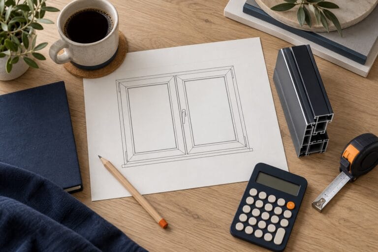 Pimapen boyama maliyeti için pencere çizimi, ölçüm bandı ve hesap makinesi