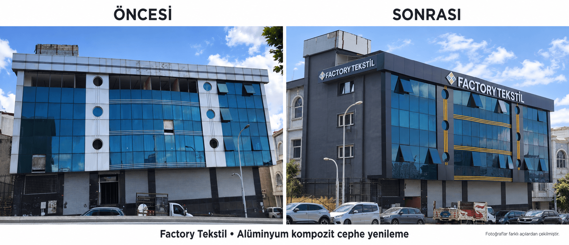 Factory Tekstil alüminyum kompozit cephe: beyaz kaplama öncesi ve koyu gri yenileme sonrası
