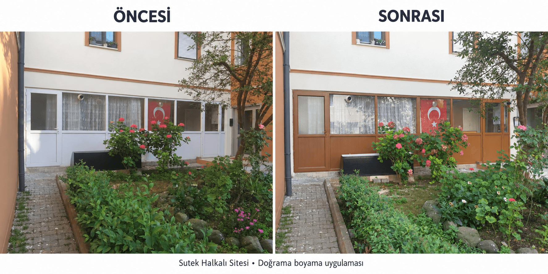 Profesyonel PVC boyasıyla Sutek Halkalı Sitesi doğrama renk yenilemesi, öncesi ve sonrası